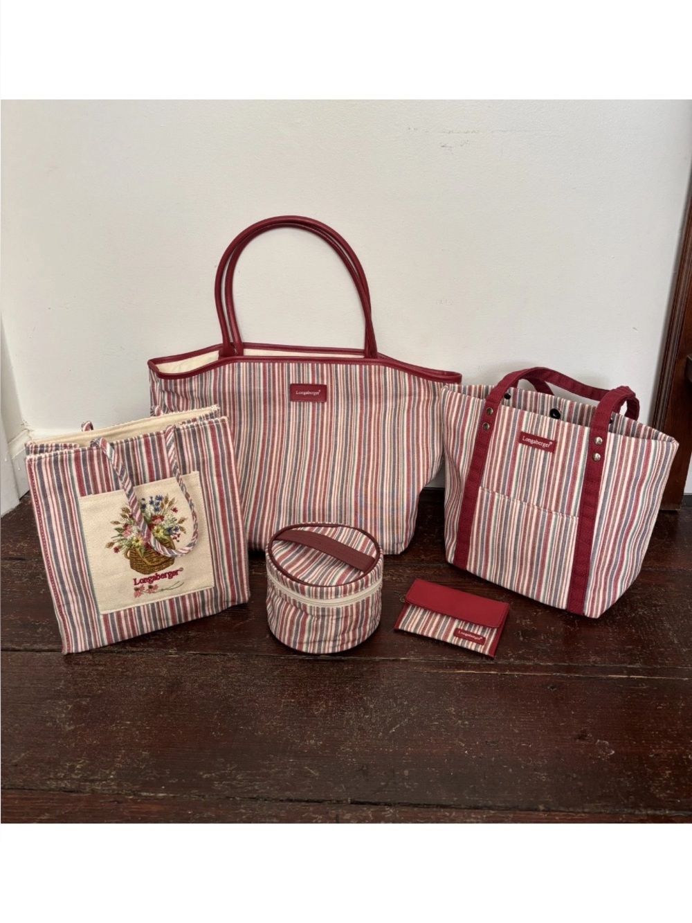 Longaberger Homestead Market Stripe Totes Lot Cosmetic zip case & ID Card